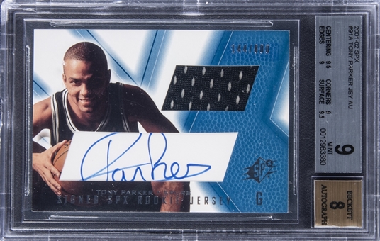 2001-02 Upper Deck SPx #91 Tony Parker Signed Patch Rookie Card (#144/800) - BGS MINT 9/BGS 8